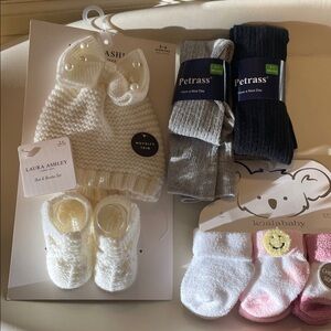 Baby knit hat, booties,2 pairs of tights and socks
